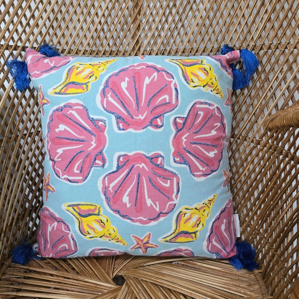 Seashell Coastal Throw Pillow With Blue Tassels & Seafoam Background 18" thrown